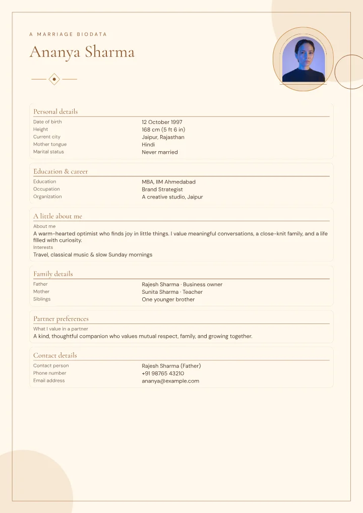 Amber Halo marriage biodata template with photo — fictional sample