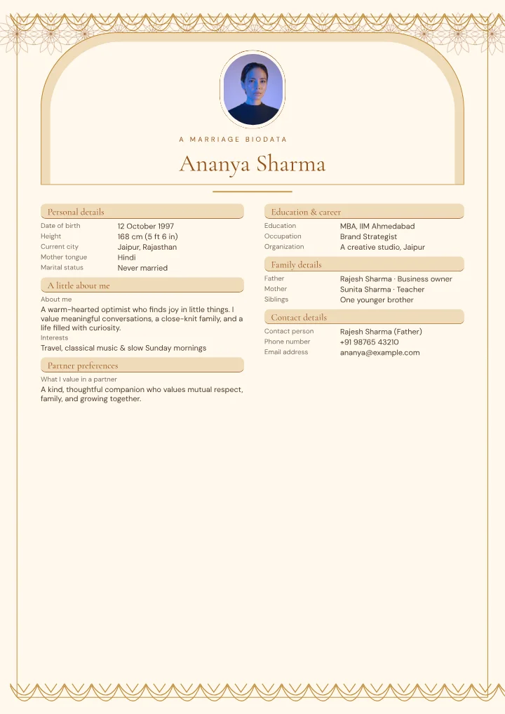 Amber Pavilion marriage biodata template with photo — fictional sample