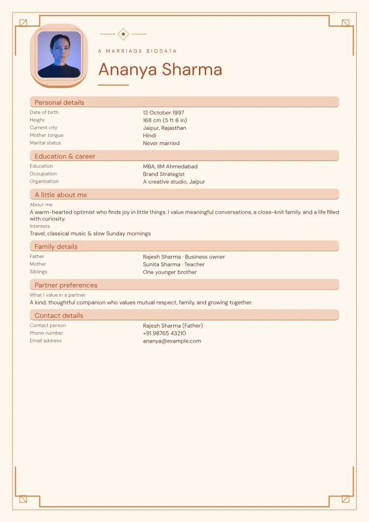 Apricot Palace marriage biodata template with photo — fictional sample