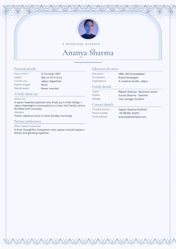 Azulejo Arch marriage biodata template with photo — fictional sample