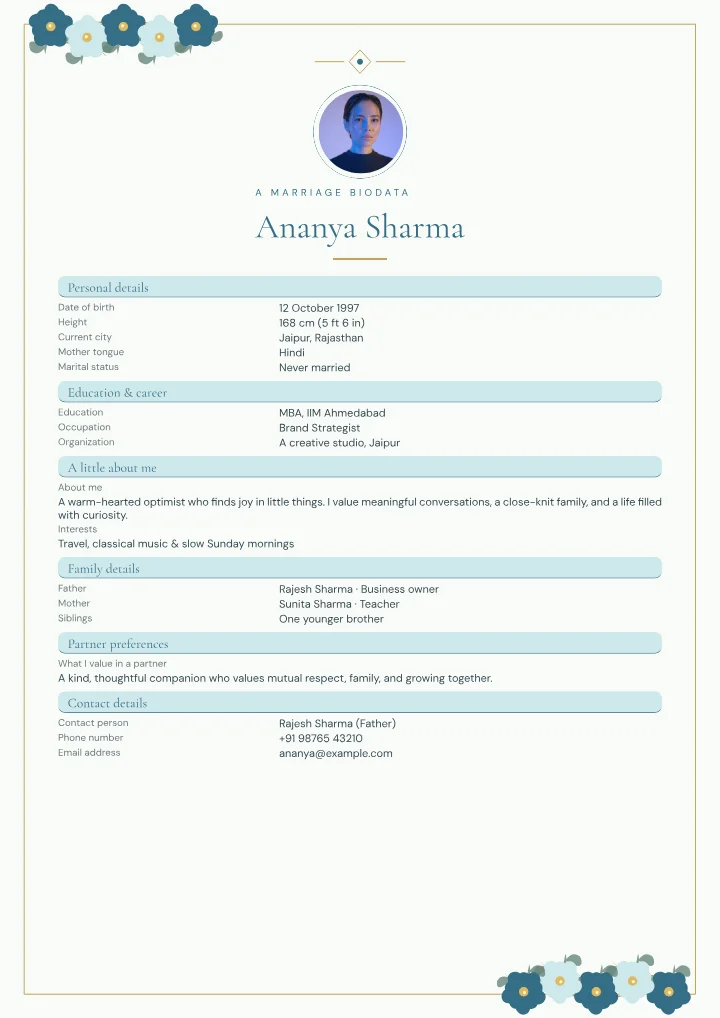 Bluebell Bouquet marriage biodata template with photo — fictional sample