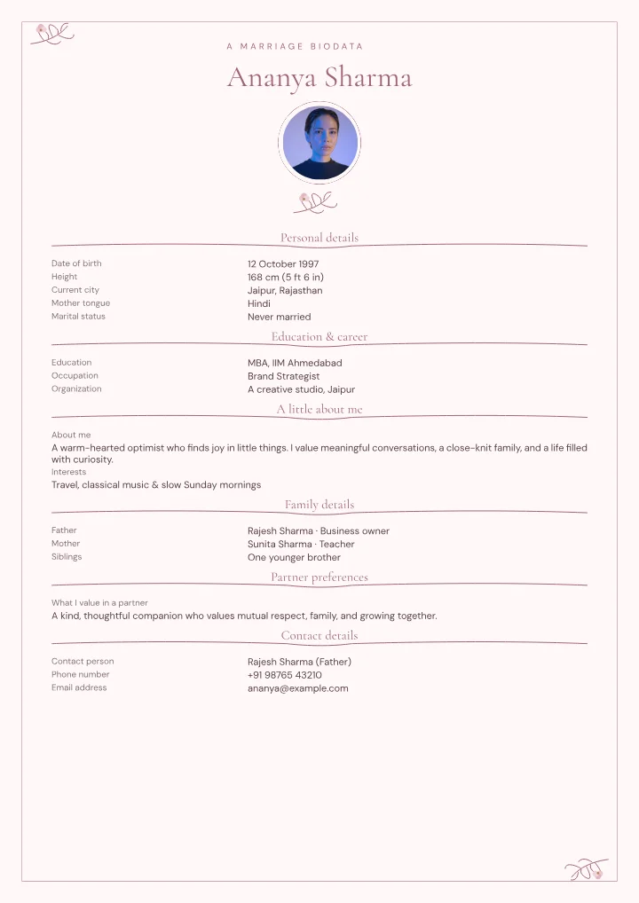 Blush Romance marriage biodata template with photo — fictional sample