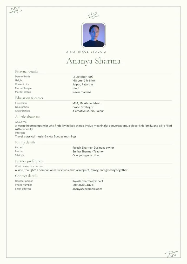 Botanical Grace marriage biodata template with photo — fictional sample