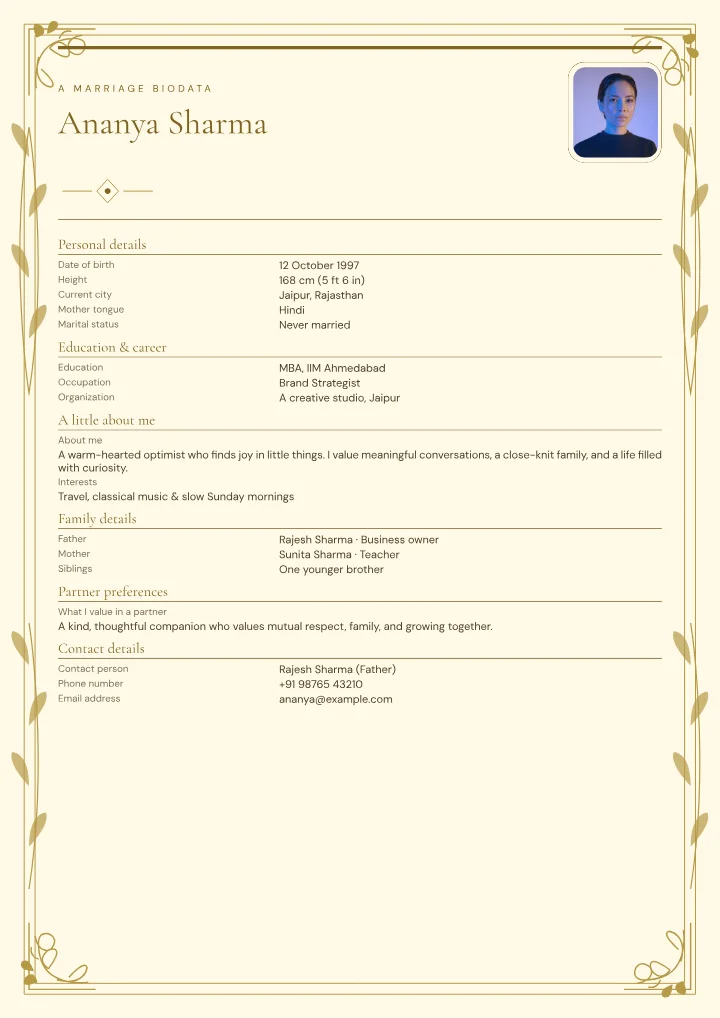 Champagne Vine marriage biodata template with photo — fictional sample