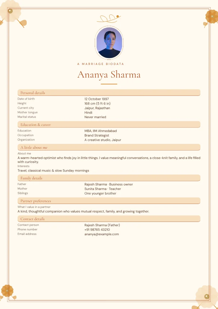 Citrus Bloom marriage biodata template with photo — fictional sample