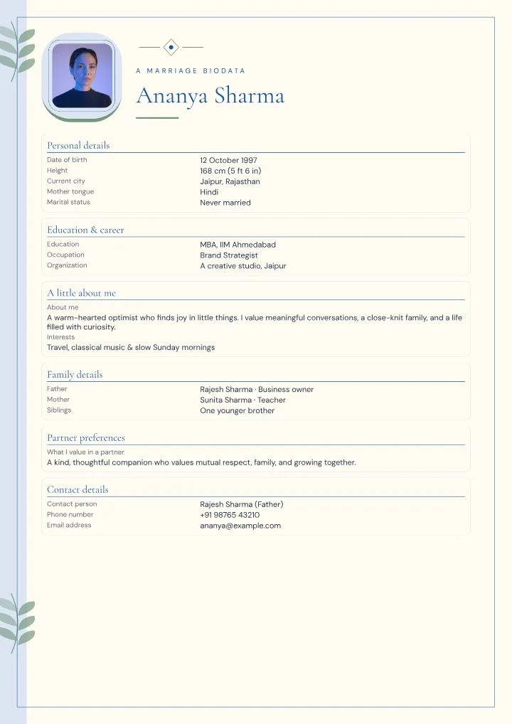 Cobalt Palm marriage biodata template with photo — fictional sample