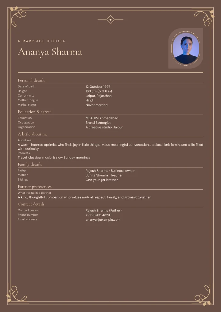 Cocoa Filigree marriage biodata template with photo — fictional sample