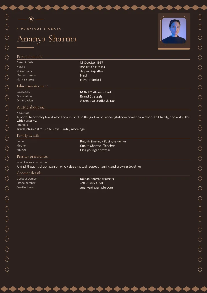 Copper Nocturne marriage biodata template with photo — fictional sample
