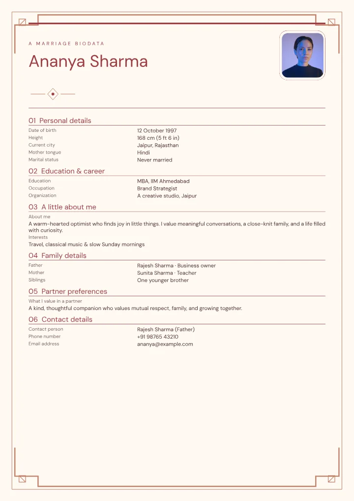Coral Courtyard marriage biodata template with photo — fictional sample