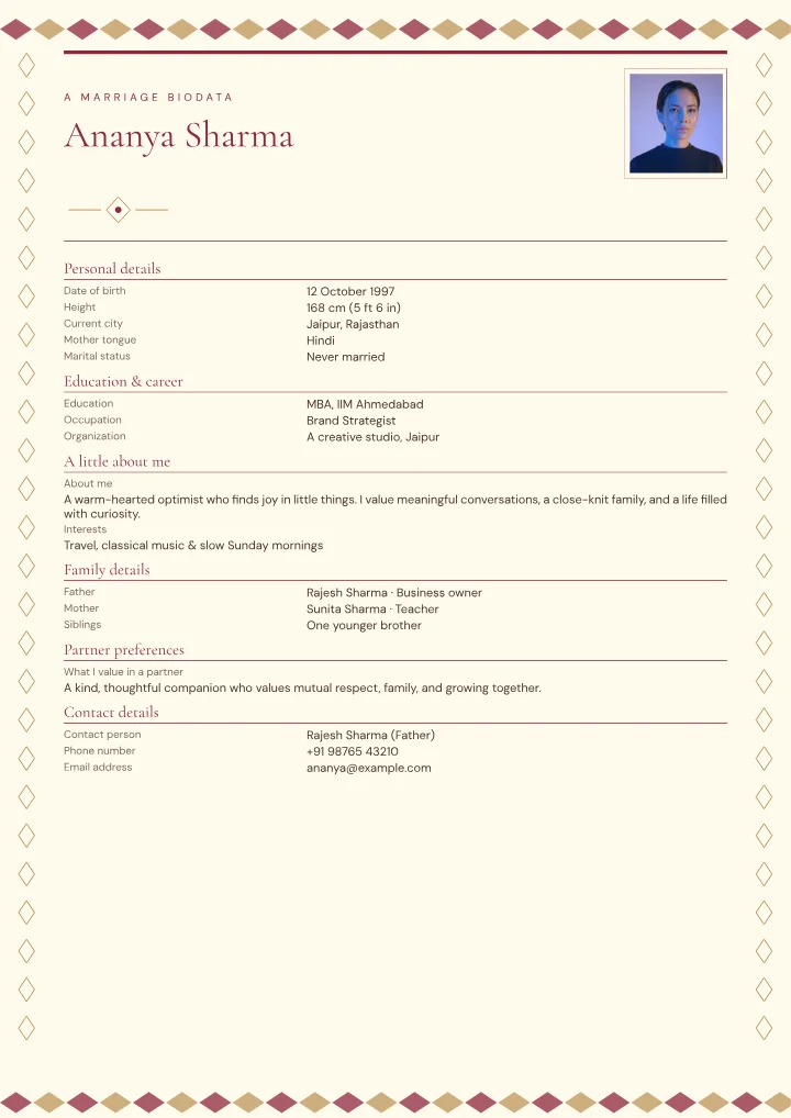 Crimson Loom marriage biodata template with photo — fictional sample