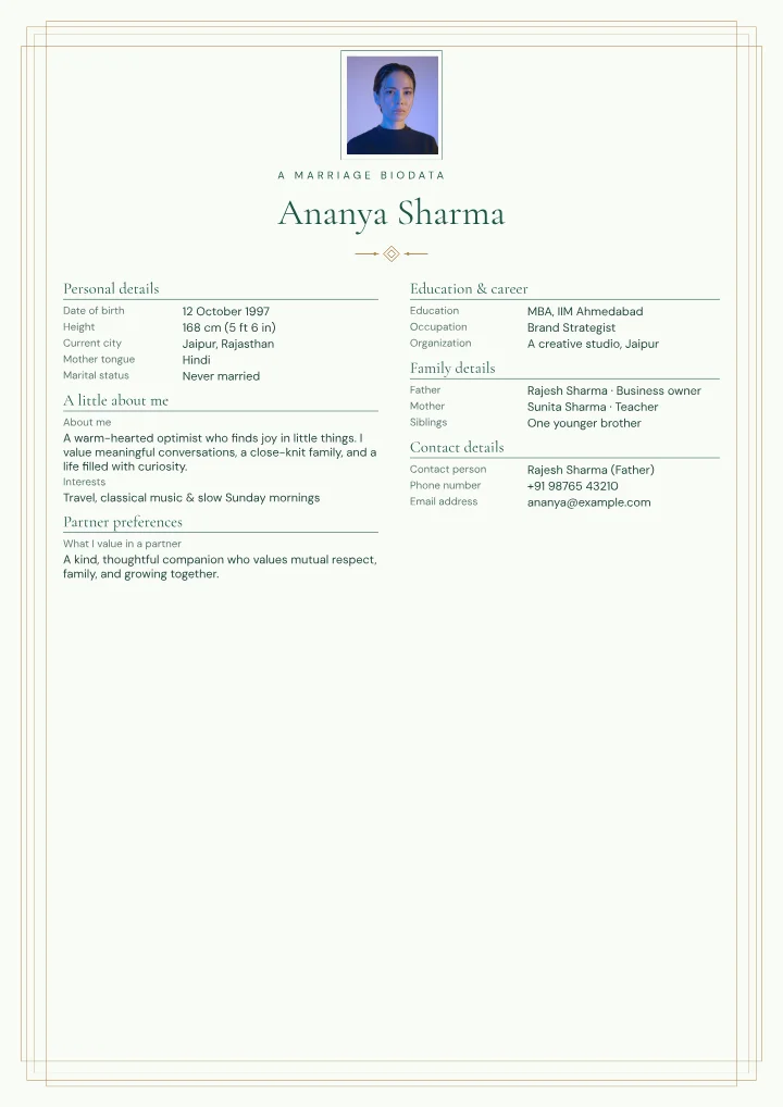 Emerald Art Deco marriage biodata template with photo — fictional sample