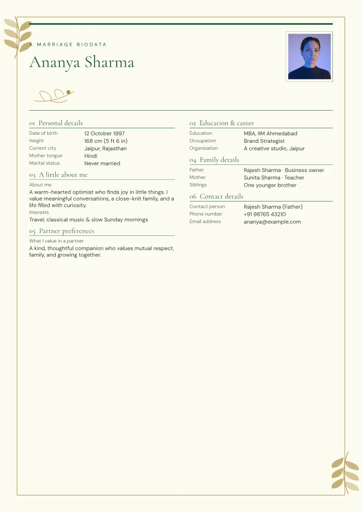 Forest Journal marriage biodata template with photo — fictional sample