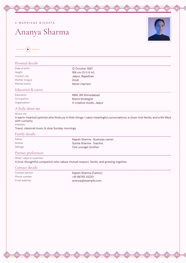 Fuchsia Brocade marriage biodata template with photo — fictional sample