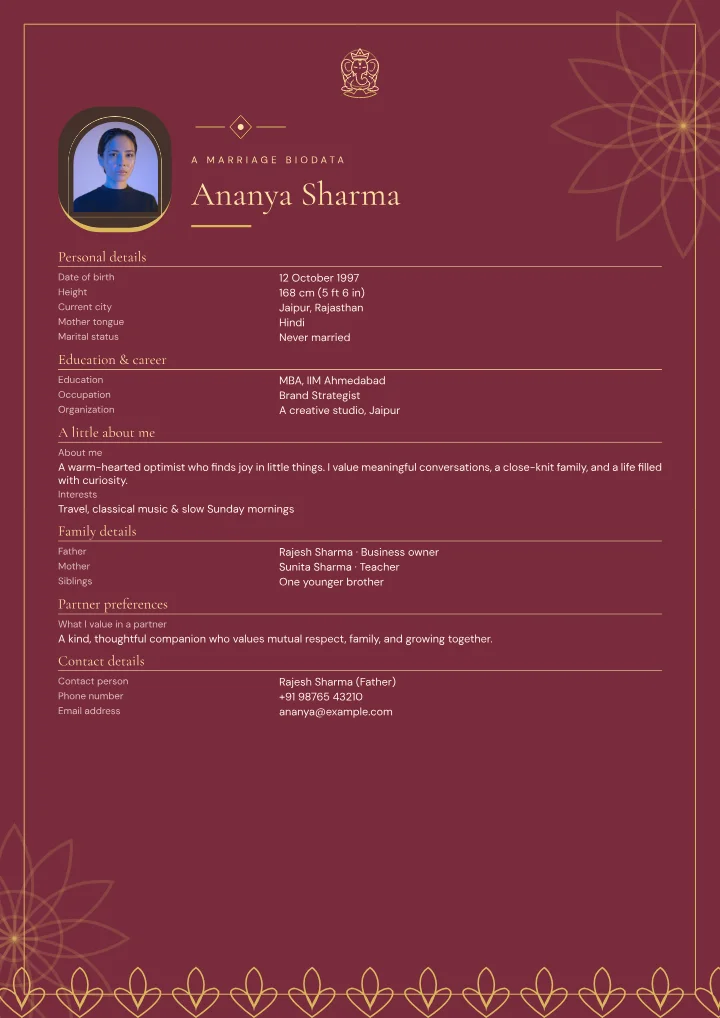 Ganapati Ruby marriage biodata template with photo — fictional sample