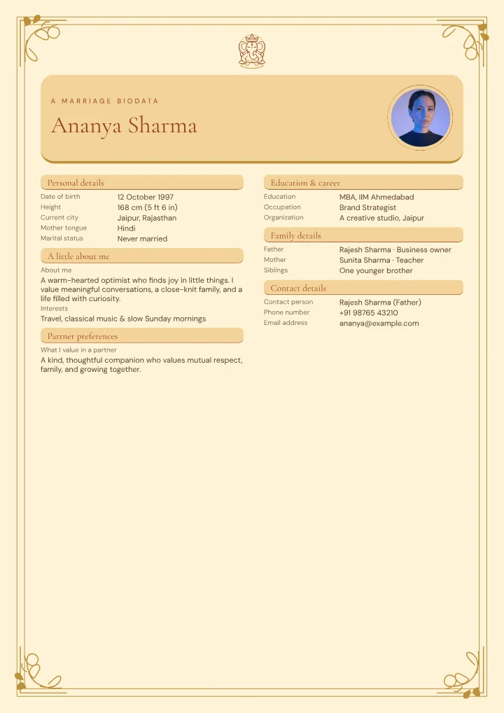 Ganapati Saffron marriage biodata template with photo — fictional sample