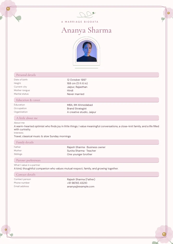 Garden Heirloom marriage biodata template with photo — fictional sample