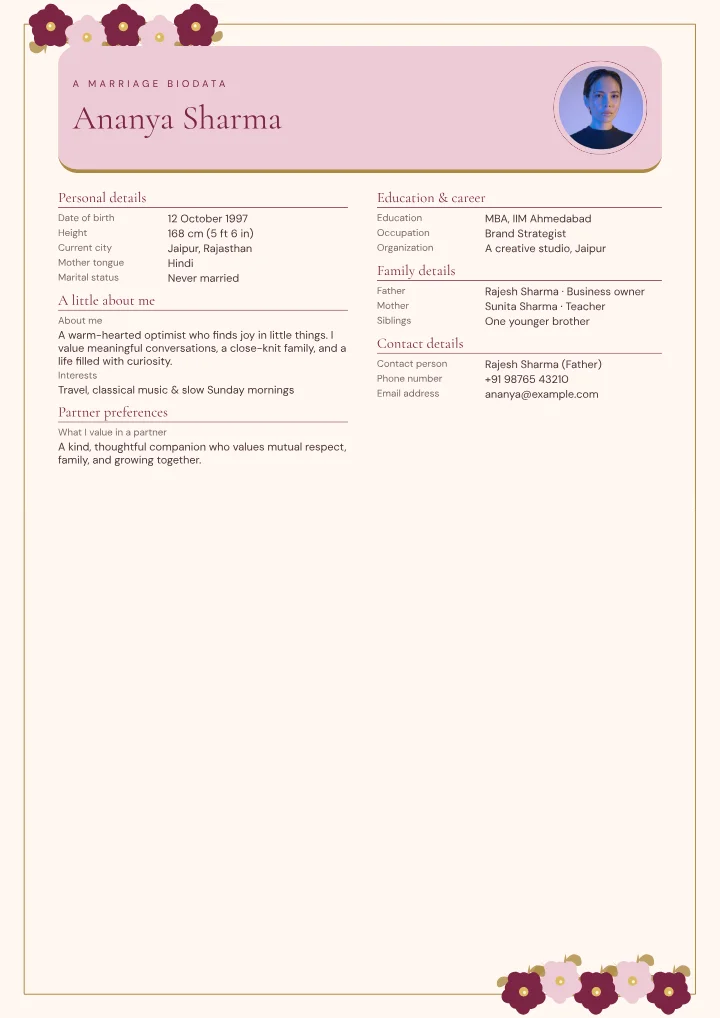 Garnet Garland marriage biodata template with photo — fictional sample