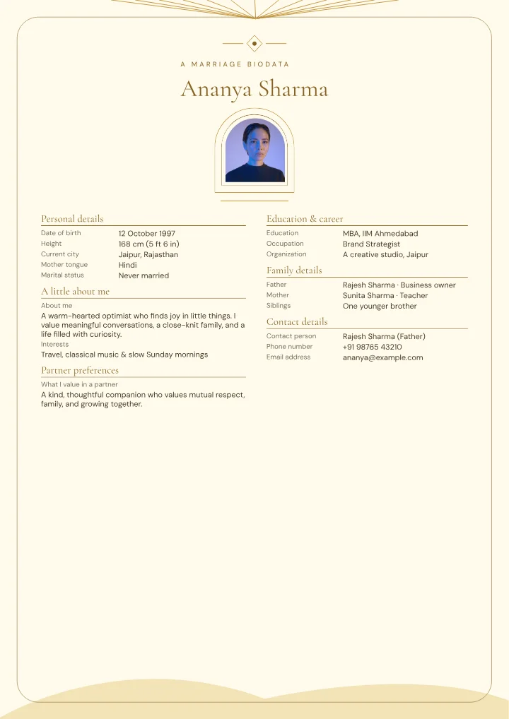 Golden Hour marriage biodata template with photo — fictional sample