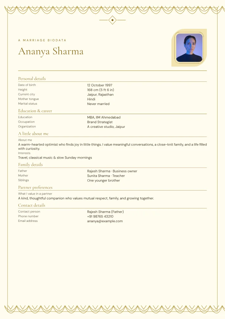 Golden Lace marriage biodata template with photo — fictional sample