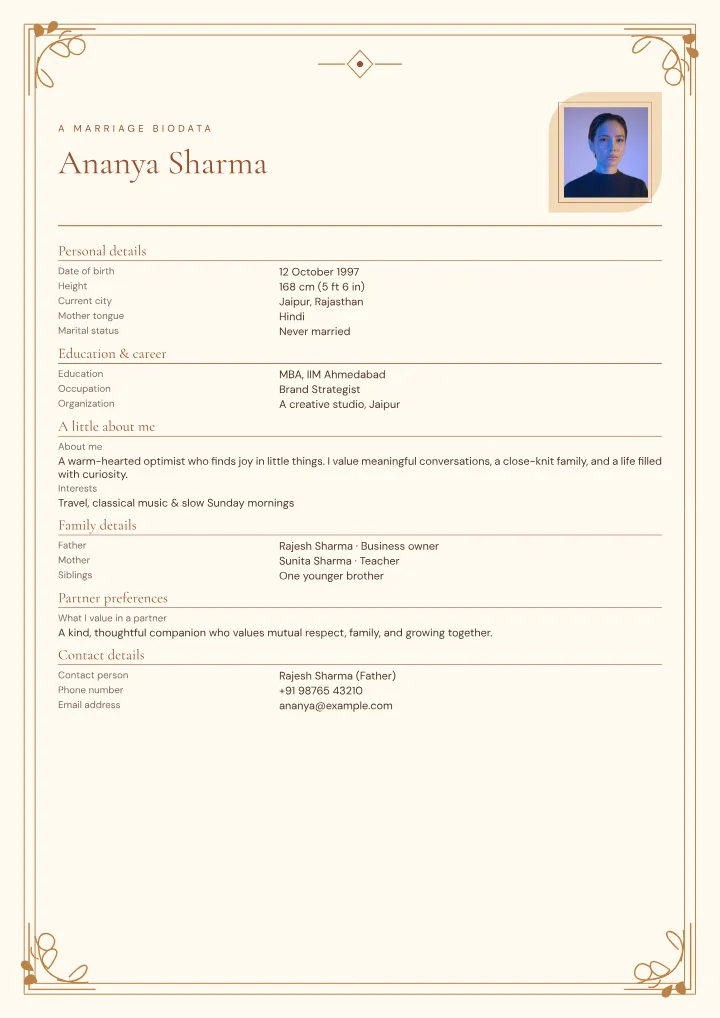 Henna Lace marriage biodata template with photo — fictional sample