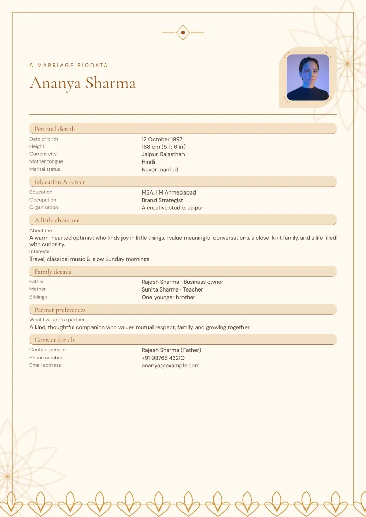 Henna Medallion marriage biodata template with photo — fictional sample