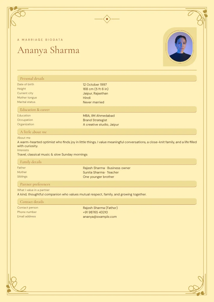 Honey Scroll marriage biodata template with photo — fictional sample