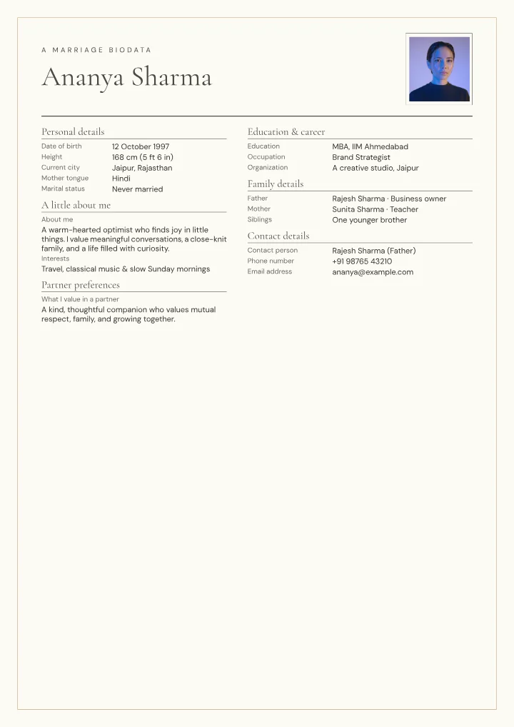Ivory Editorial marriage biodata template with photo — fictional sample