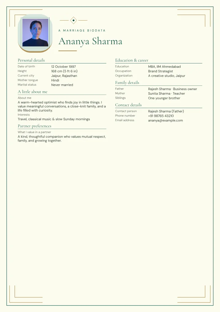 Jade Gallery marriage biodata template with photo — fictional sample