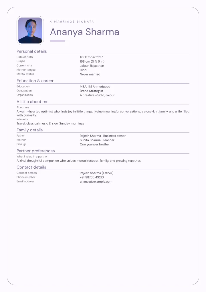 Lavender Modern marriage biodata template with photo — fictional sample