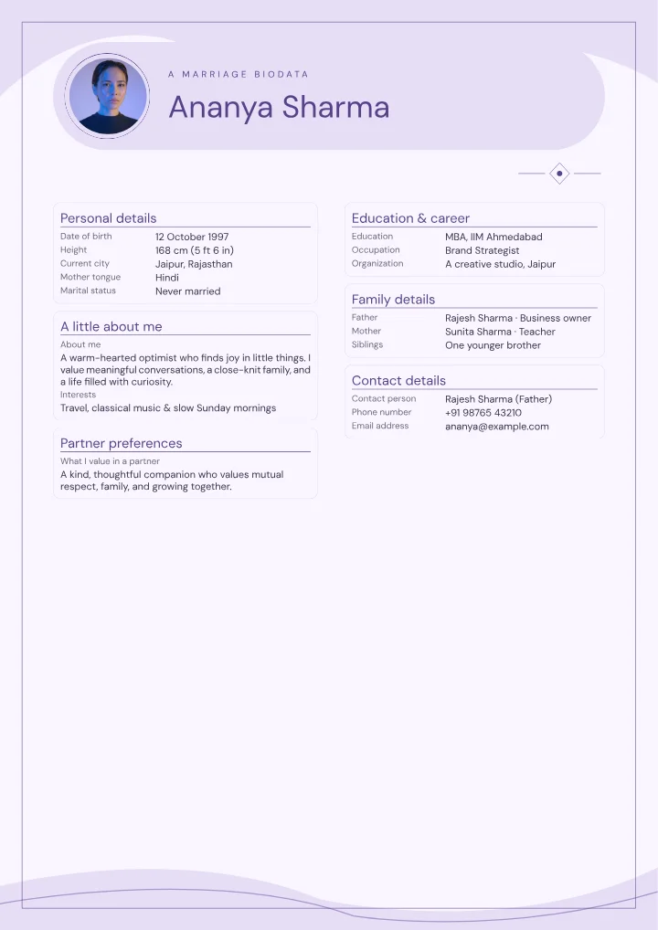 Lilac Reverie marriage biodata template with photo — fictional sample