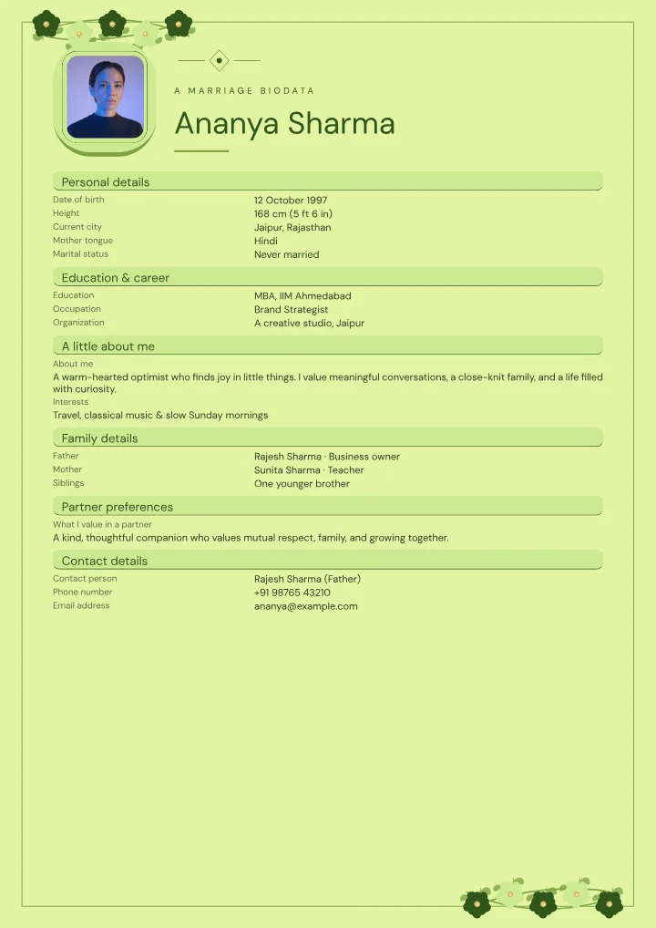 Lime Meadow marriage biodata template with photo — fictional sample