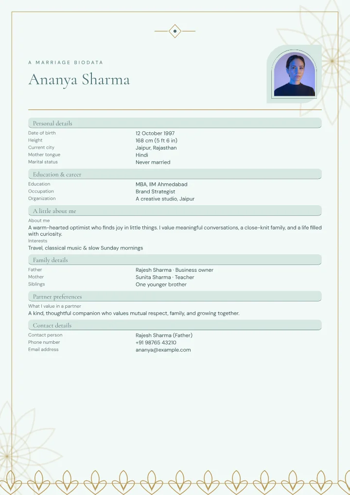 Lotus Serenity marriage biodata template with photo — fictional sample