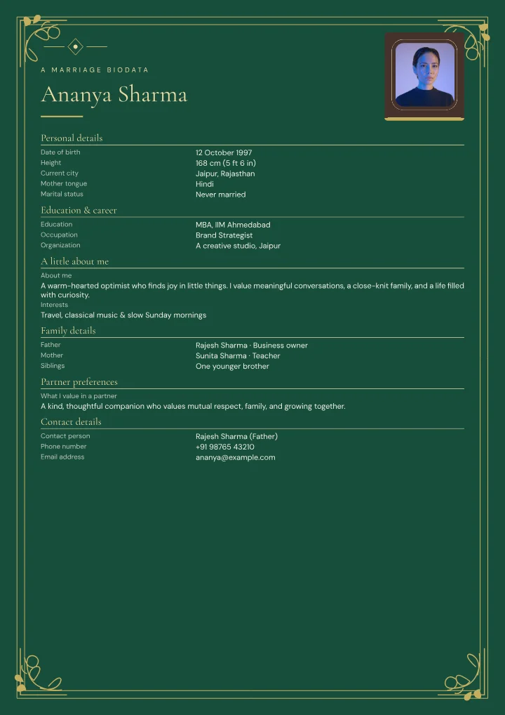 Malachite Vows marriage biodata template with photo — fictional sample