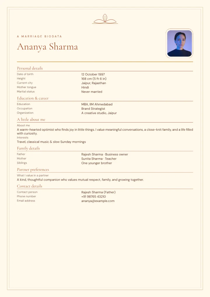 Marigold Tradition marriage biodata template with photo — fictional sample