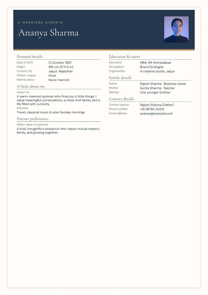Midnight Luxe marriage biodata template with photo — fictional sample
