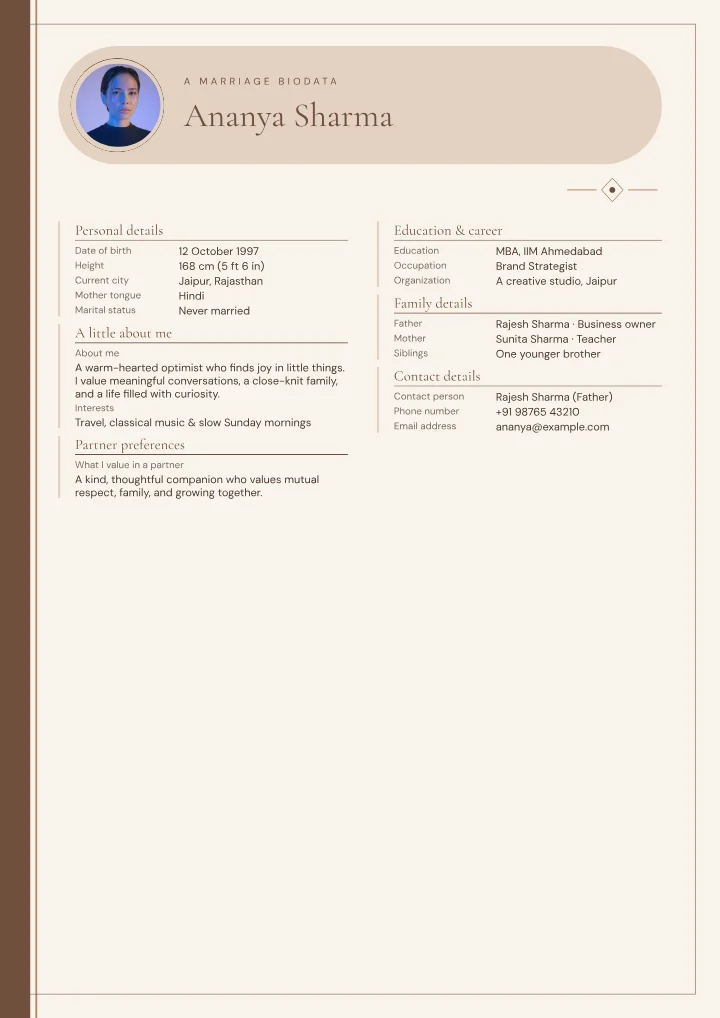 Mocha Story marriage biodata template with photo — fictional sample