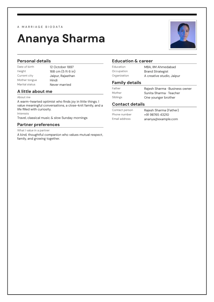Monochrome Signature marriage biodata template with photo — fictional sample