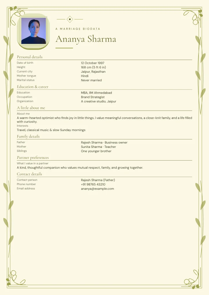 Olive Manor marriage biodata template with photo — fictional sample