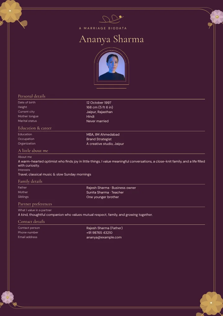 Orchid Velvet marriage biodata template with photo — fictional sample