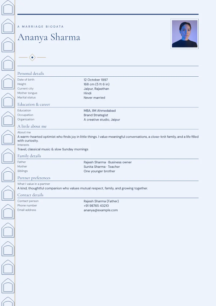 Palace Indigo marriage biodata template with photo — fictional sample