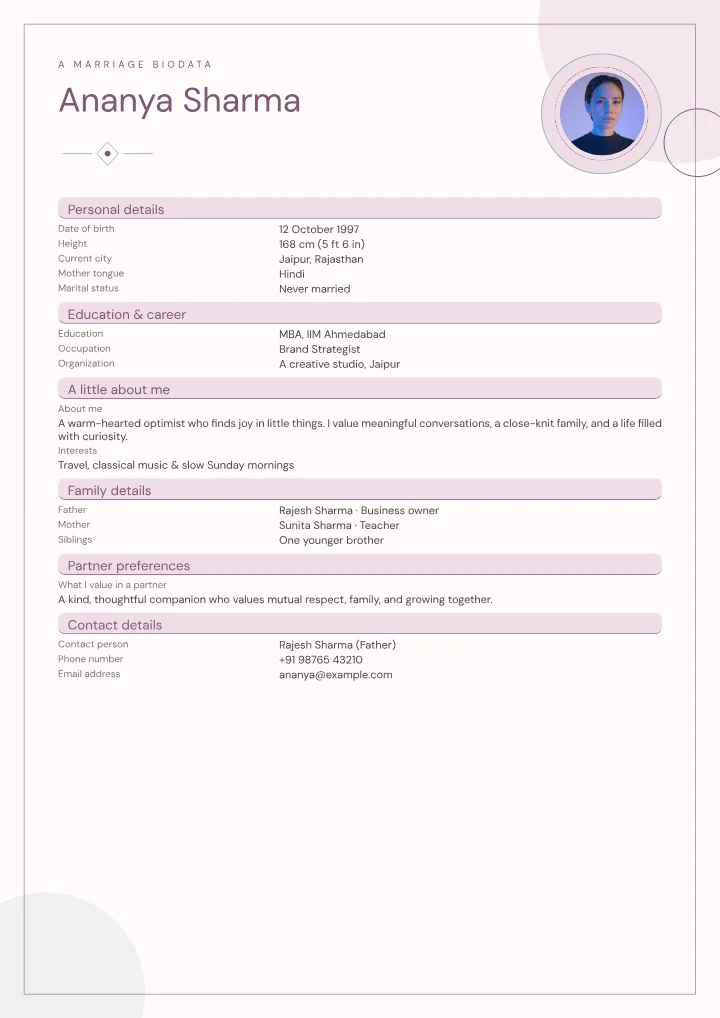 Pastel Promise marriage biodata template with photo — fictional sample
