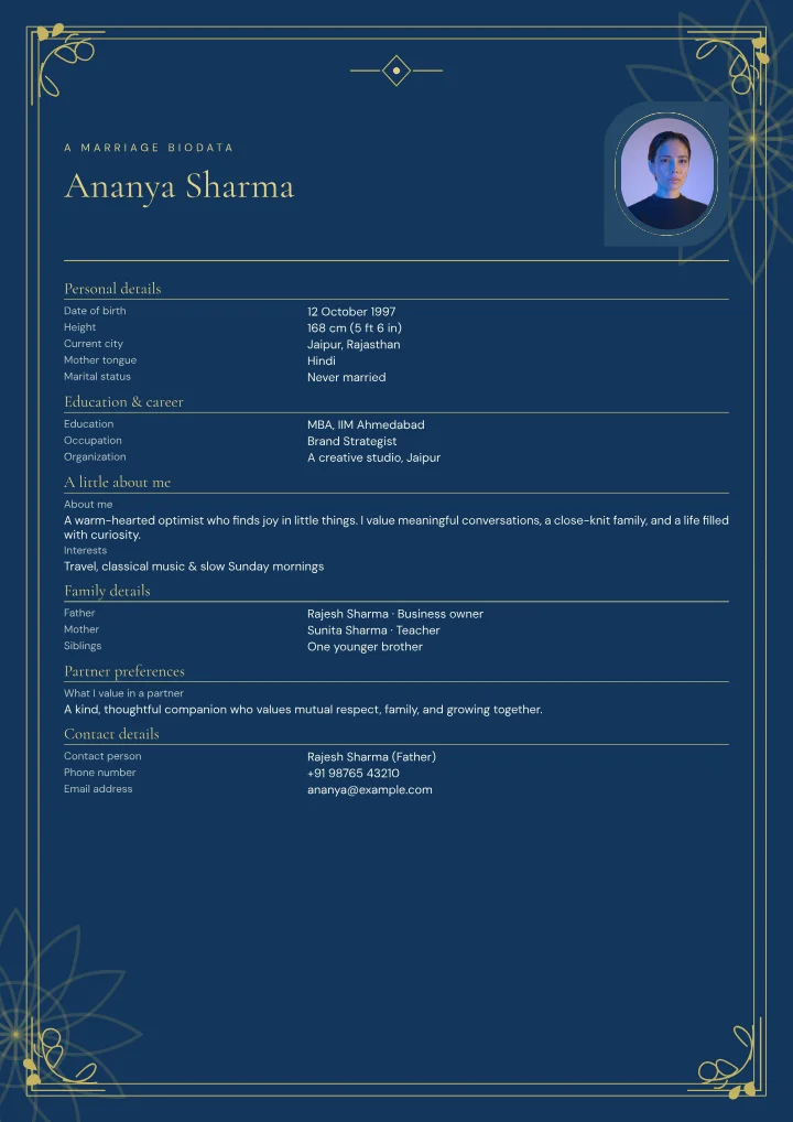 Peacock Night marriage biodata template with photo — fictional sample