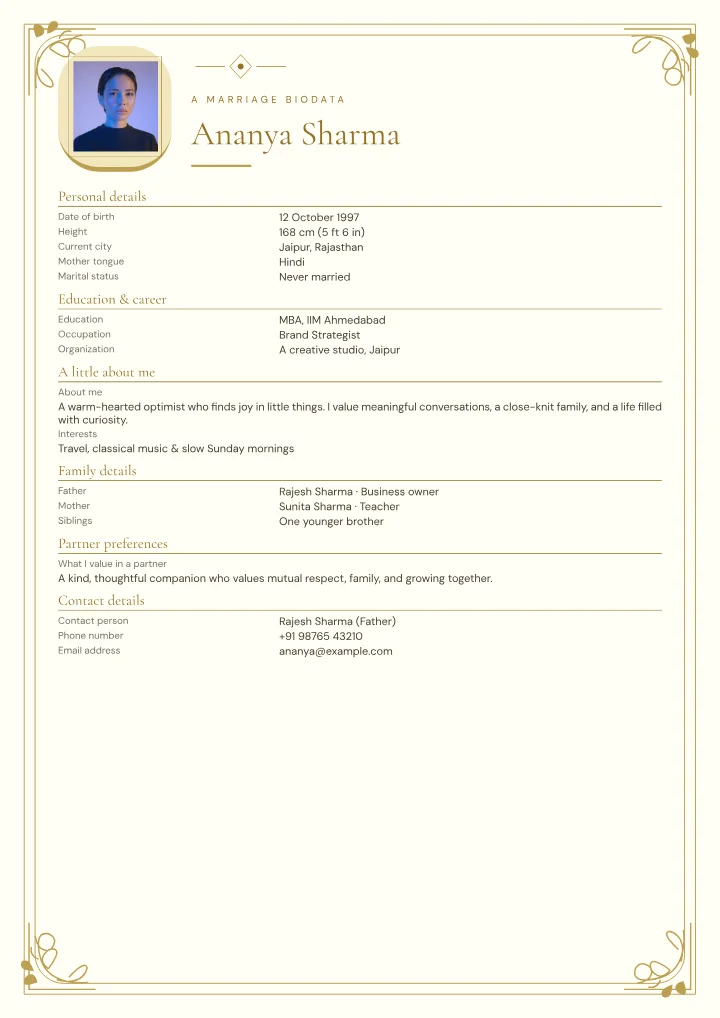 Pearl Scroll marriage biodata template with photo — fictional sample