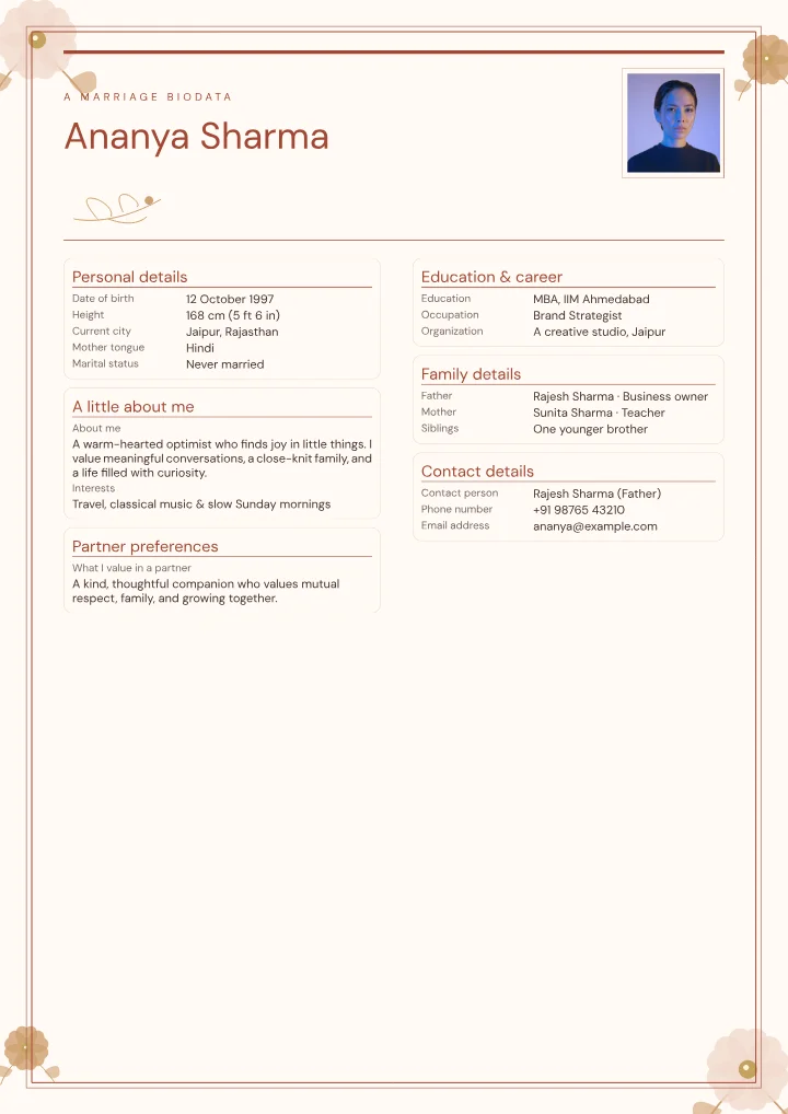 Petal Mosaic marriage biodata template with photo — fictional sample