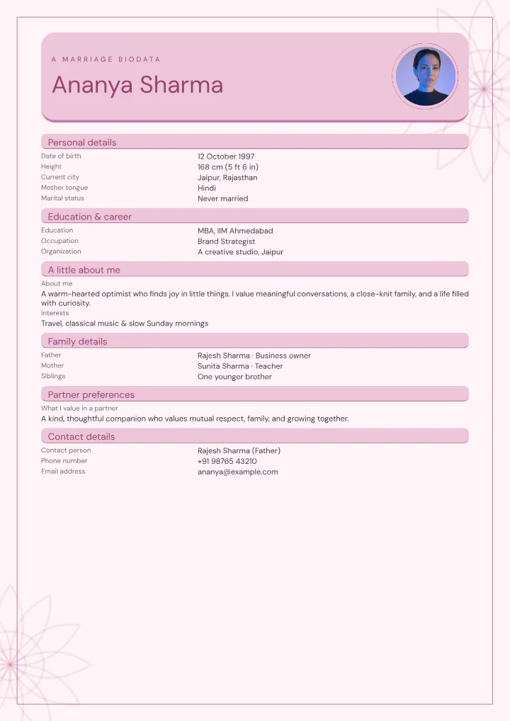 Pink Peony marriage biodata template with photo — fictional sample
