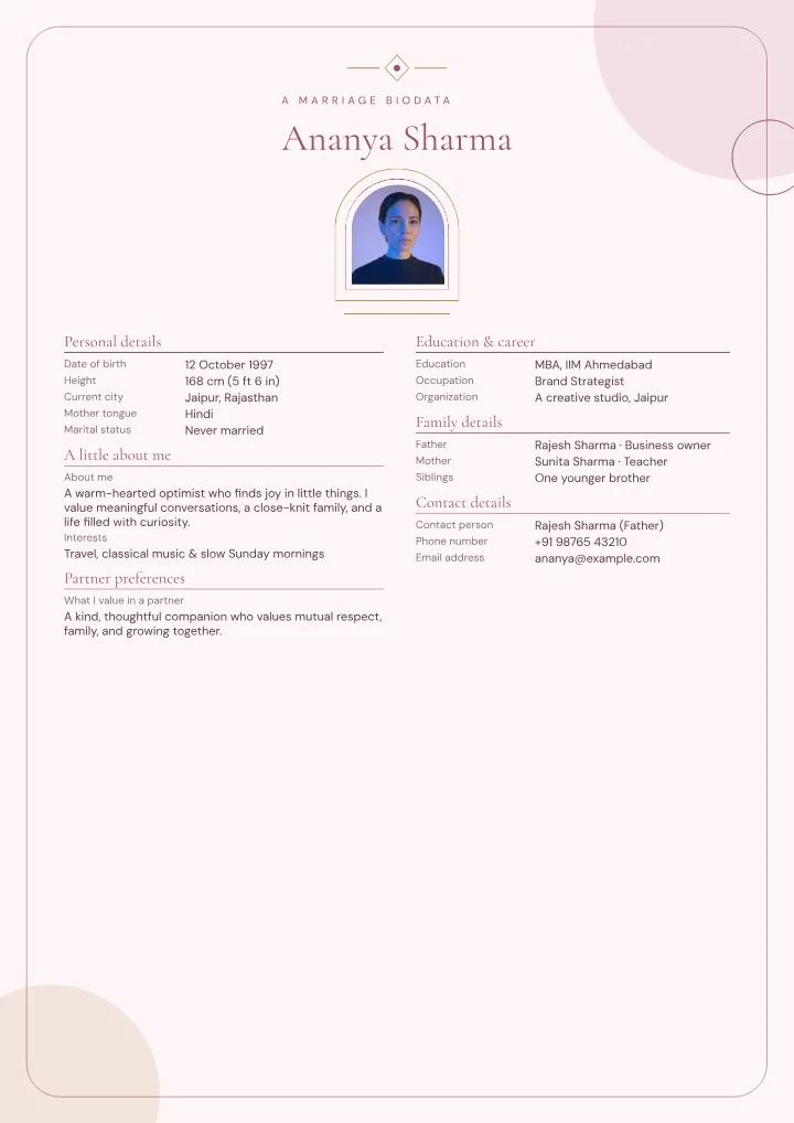 Rosegold Arch marriage biodata template with photo — fictional sample