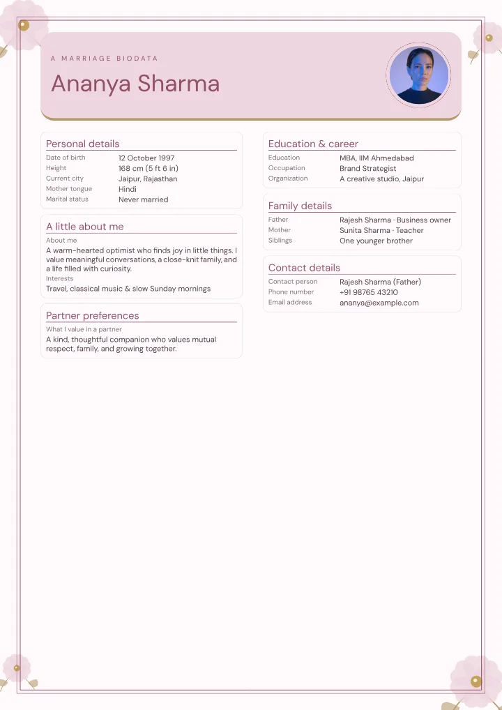 Rose Suite marriage biodata template with photo — fictional sample
