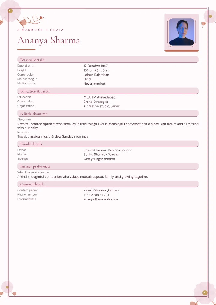 Rosewater Muse marriage biodata template with photo — fictional sample