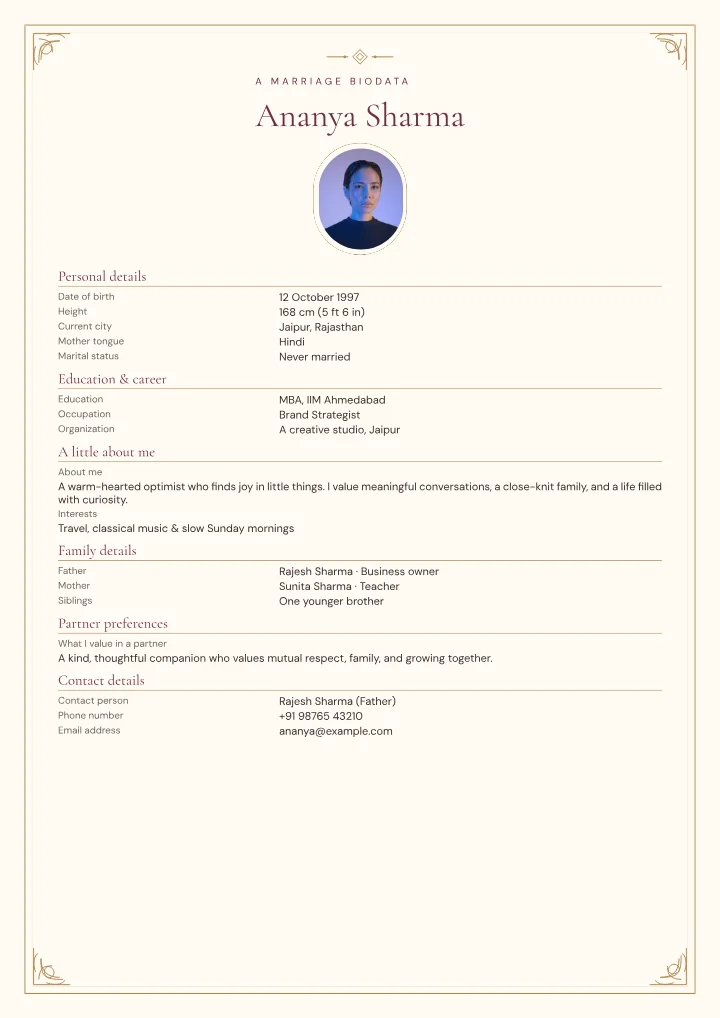 Royal Heritage marriage biodata template with photo — fictional sample