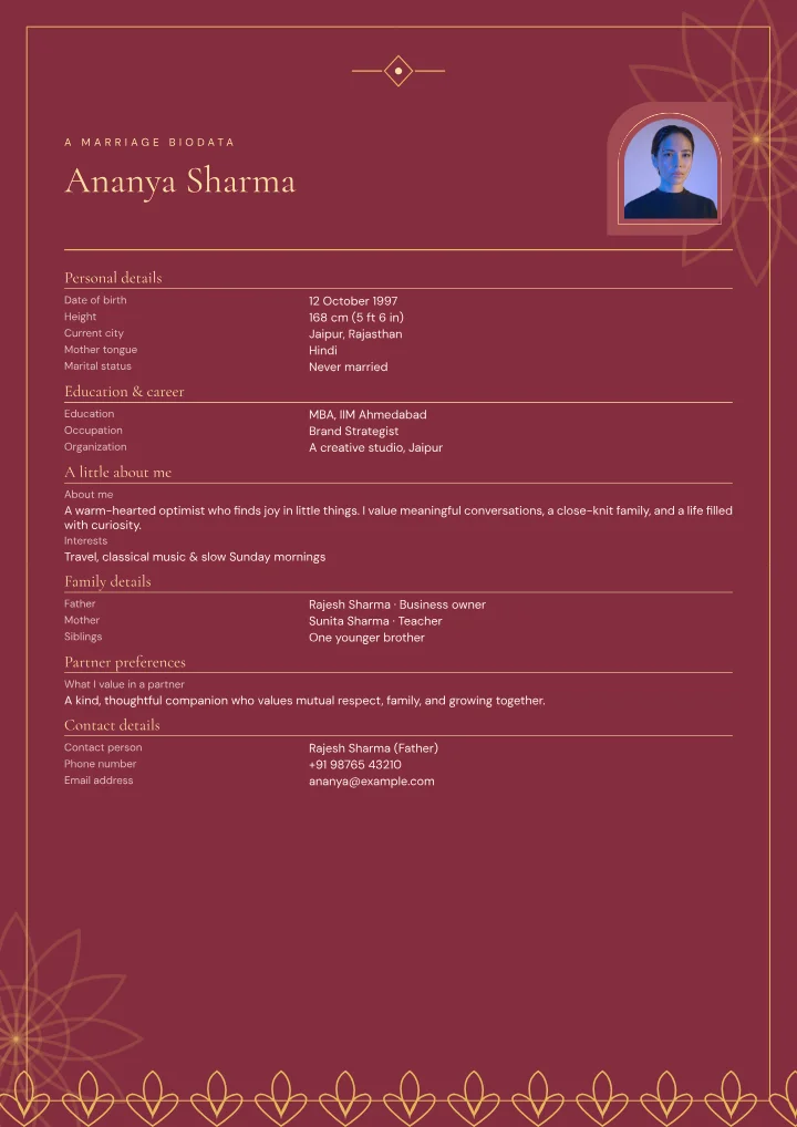 Ruby Festival marriage biodata template with photo — fictional sample